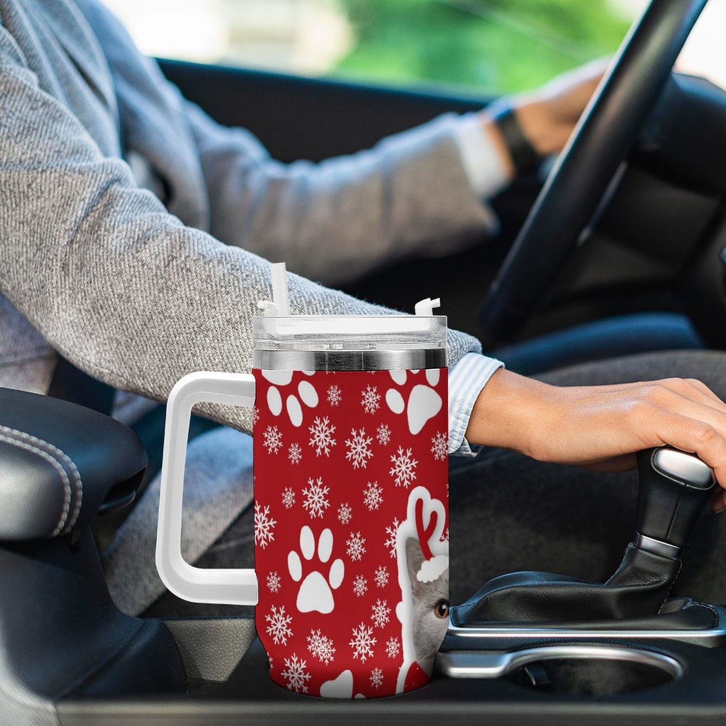 POD US Local 40oz Large Capacity Car Cup Christmas Snowflakes Cats Dogs Paws Red Pussy