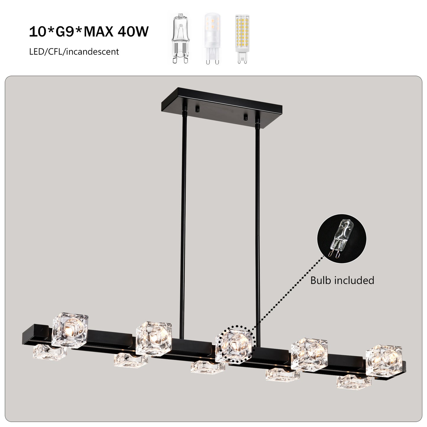 US Local Rectangle Chandelier For Dining Room, 10-Light Black Farmhouse Linear Pendant Light Fixture, Modern Crystal Hanging Lighting Chandelier For Lobby, Kitchen, Bedroom, Living Room, Conference Room, Home