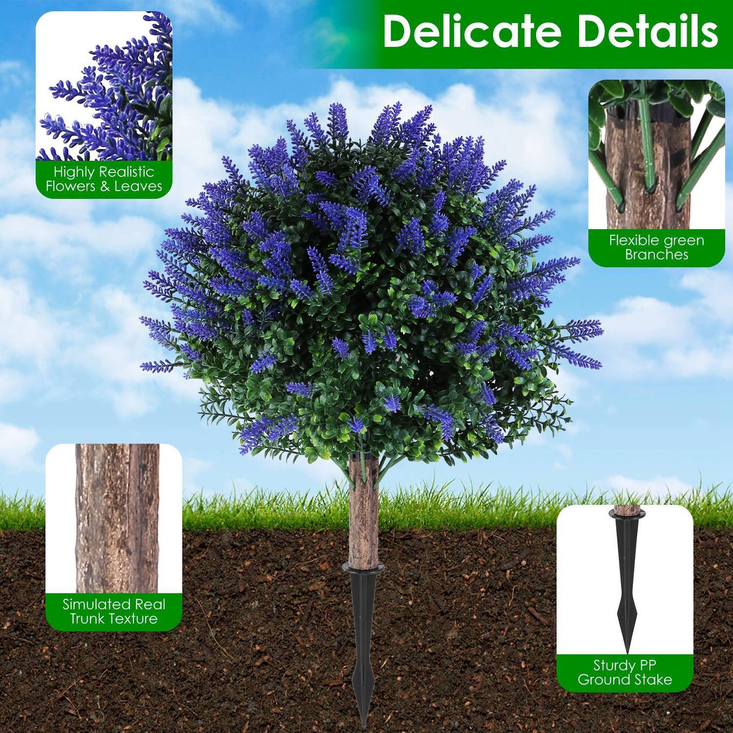 US Local 2 Packs Artificial Lavender Topiary Ball Trees UV Resistant Artificial Shrubs Fake Plants Evergreen Artificial Bush With Ground Spike For Indoor Outdoor Front Porch Garden