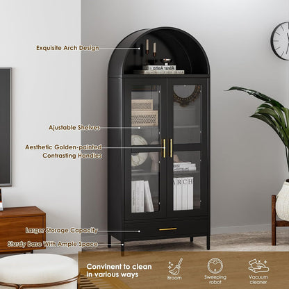 US Local 73In Tall Metal Arched Cabinet, Arched Display Pantry Cabinet With Glass Door, Modern Farmhouse Bookcase With 1 Drawer And 2 Adjustable Shelves For Living Room, Black, Assembly Required