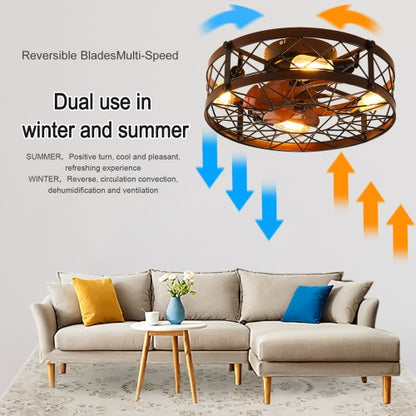 US Local Cage Ceiling Fan With Light, Black, Recessed Ceiling Fan Light, Farmhouse Small Ceiling Fan With Light Fixture, Bedroom Reversible Fan - E26 Bulb Included