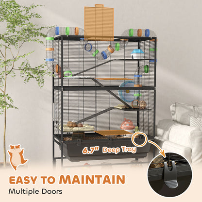 US Local 5 Tier Hamster Cage, Rolling Rat Cage With Deep Tray, Storage Shelf, Big Exercise Wheel, Hut, Tube System