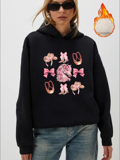 Women'S Fashion Hoodie With Fleece Lining - Polyester Casual Pullover With Western Cowboy, Horse, And Floral Print For Autumn Winter - Knitted Hooded Sweatshirt With Christmas And Halloween Motifs