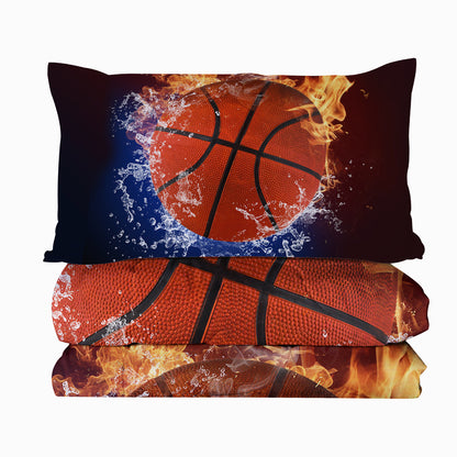 US Local Sports Basketball Pattern Comforters Sets Twin Size 3PC Fire Water Bedding Sets For Boys Include 1 Comforter And 2 Pillowcases