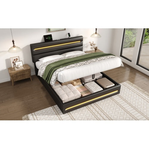 UK Local 4ft6 Double Upholstered Bed Frame With Hydraulic Storage, PU Ottoman Bed With LED Lighting And Charging Station, LED Adjustable Headboard With USB And Type - C Ports, Black