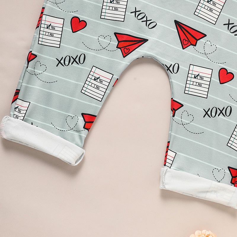 US Local Baby Boy Girl's Casual Heart Pattern Jumpsuit, Paper Airplane Heart Xoxo Trendy Overalls, Valentine's Day Coming Home Outfit