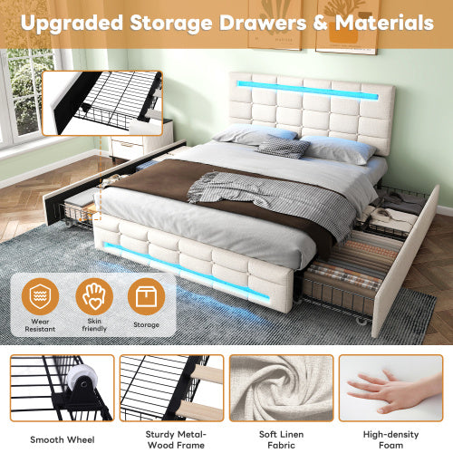 UK Local 4ft6 Double Upholstered Bed With LED Lighting And Storage Drawers, Linen Fabric Storage Bed Frame With Adjustable Button Tufted Headboard, No Box Spring Needed, Easy Assembly, Beige