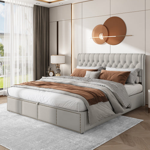 UK Local Upholstered Bed,Double Bed-4ft6 135x190cm ,with Hydraulic Lever, Functional Storage Bed, Rivet Decoration, Without Mattress, Linen, Light Grey