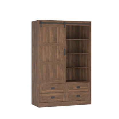 US Local Tall Bedroom Armoire Wardrobe Closet Clothing Storage Cabinet With Hanging Rod Barn Door Drawers Open Shelves