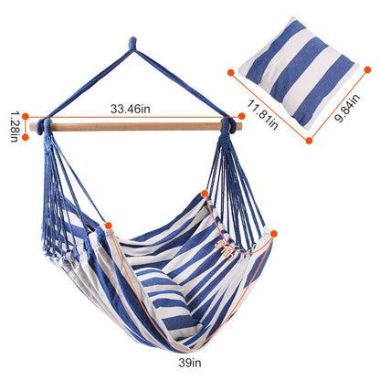 US Local 1Pc Hammock Hanging Chair Canvas Porch Patio Swing Seat Portable Camping Rope Seat Wooden Stick Hammock Chair With 2 Pillows 265LBS Load-bearing