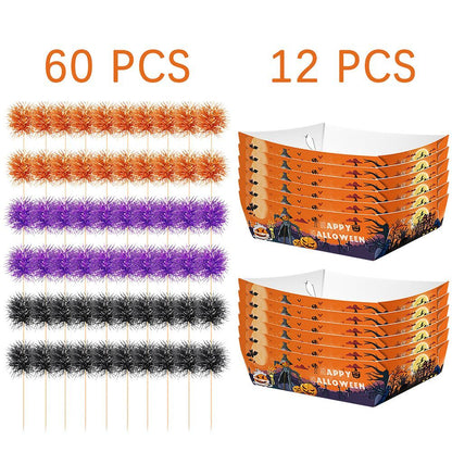 US Local 72 Pcs Halloween Party Supplies Halloween Disposable Paper Food Trays With 60 Pcs Firework Party Picks For Halloween Food Storage Charcuterie Board Serving