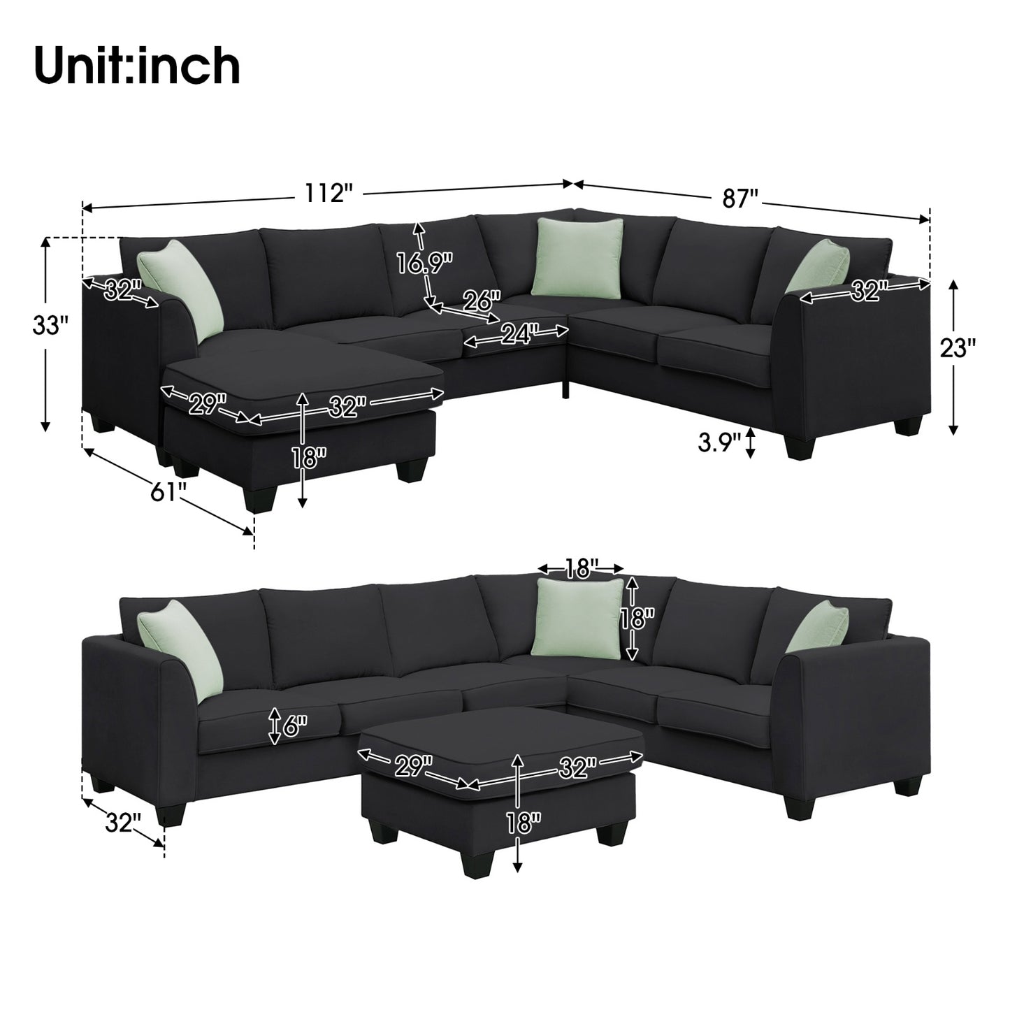 US Local 112 87 Sectional Sofa Couches, 7 Seats Modular Living Room Sets