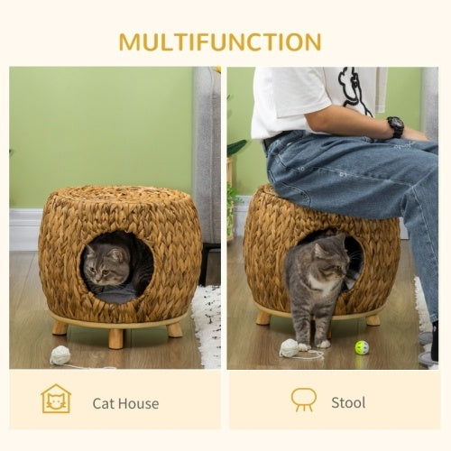 UK Local PawHut Wicker Cat Bed Cat House Stool With Washable Cushion, 44 X 43 X 41cm