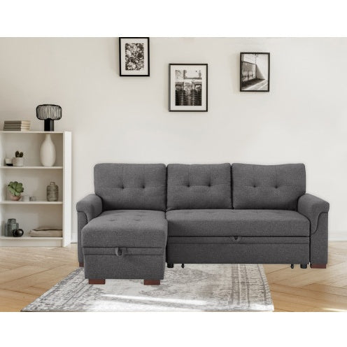 US Local Dark Gray Linen Reversible Sleeper Sectional Sofa With Storage Chaise