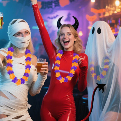 US Local 24 Pcs Halloween Leis Hawaiian Leis Necklace Tropical Flower Lei Floral Luau Party Decorations Orange Purple Dance Garland Headbands Photo Booth Photo Props For Halloween Birthday Trick Or Treat Party