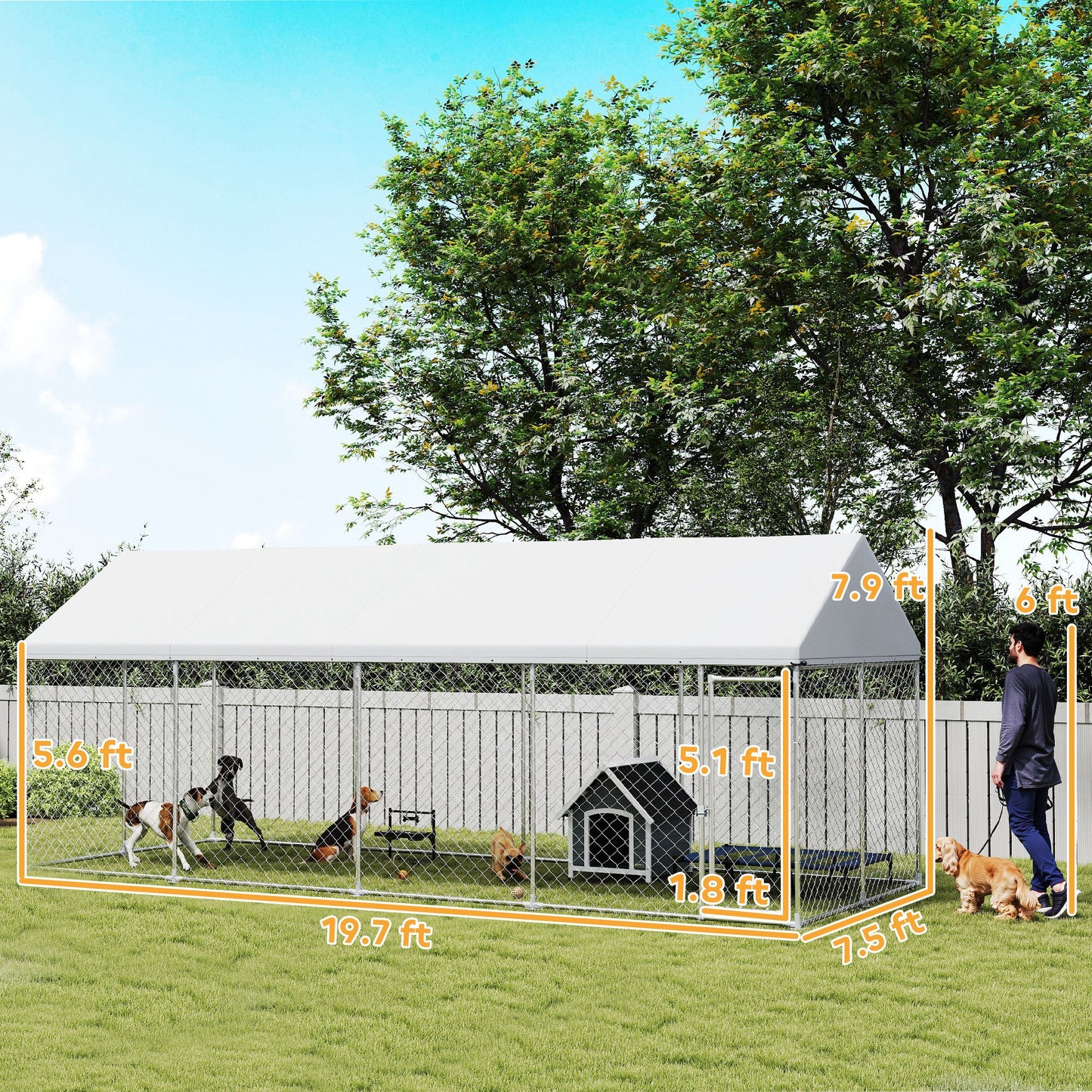 US Local Heavy Duty Outdoor Dog Kennel With Waterproof Roof, Secure Latch, Chain Link Dog Run For Backyard, 19.7 X 7.5 X 7.9