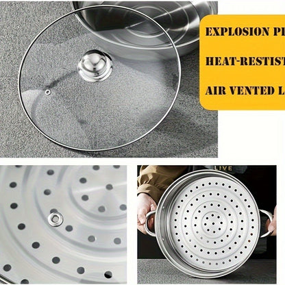 US Local High Quality Stainless Steel Steamer Set - Double-layer Thickened Design, Suitable For Induction Cookers And Gas Stoves - Perfect For Cooking And Hospitality, Durable Household Kitchen Utensils