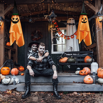 US Local 2 Pcs Hanging Ghosts With Wizard Hat Snicker Scary Face Halloween Party Hanging Decorations Pumpkin Wizard Hat For Eave Tree Porch