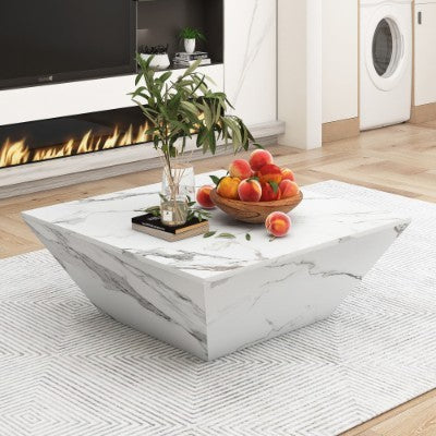 UK Local Marbling Veneer  PVC Coffee Table For Living Room Tea Table Large Side Table With 2 Cabinet White Square Nesting Table Side Table Wooden Centre Table Console Sofa Table With Storage 70x70x36cm