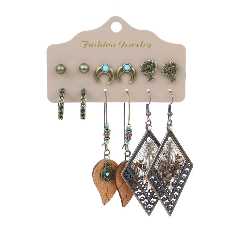 Slimming Cross-border Earrings Suit Combination Bohemian Ethnic Exquisite Water Drop Leaves Lovely Electroplated Beaded Earrings