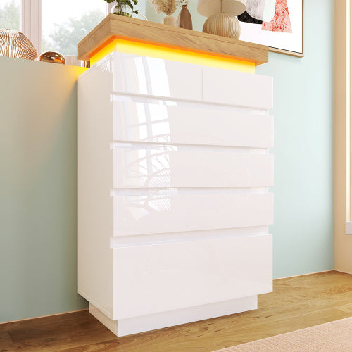 UK Local Chest Of Drawers,High-gloss Sideboard Cabinet With 6 Drawers,Storage With RGB LED App-controlled,Multi-purpose Cabinet For Living Room And Bedroom, 115 X 73 X 39 Cm, White