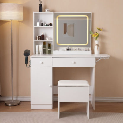US Local Vanity Desk With Lighted Mirror & Power Outlet, Makeup Vanity Desk With Drawers And Large Storage Cabinet For Bedroom, 3 Lighting Modes Adjustable Brightness, Storage Stool, White