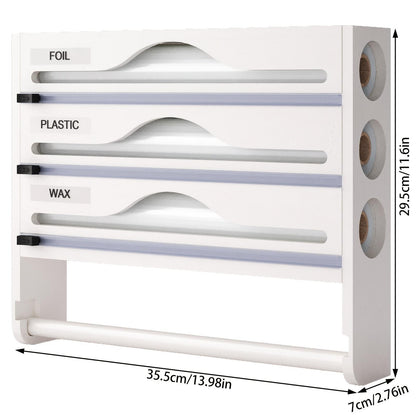 US Local Bamboo Plastic Wrap Cutter With Paper Towel Holder Kitchen Wall-mounted Tinfoil Cutter With Three-grid Cutter And Paper Towel Storage Rack