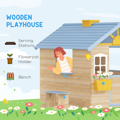 US Local Wooden Playhouse For Kids Outdoor Garden With Working Door, Windows, Bench, Service Station, Flowers Pot Holder, Blue