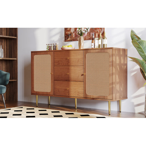 UK Local Rattan Sideboard Cabinet For Living Room, Chest Of Drawers With With 2 Doors And 3 Drawers, Adjustable Shelf, Walnut -90H 150W 40D Cm
