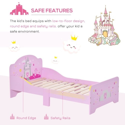 UK Local HOMCOM Kids Bed Princess Castle Theme W Side Rails Slats Home Furniture For 3 - 6 Yrs Pink 143 X 73 X 60 Cm