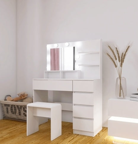 US Local Vanity, Makeup Vanity Desk Set With Mirror & Light, Dressing Table Storage Lots With Power Strip, 3 Lighting Modes With Adjustable Brightness, 37 Inches White With Stool