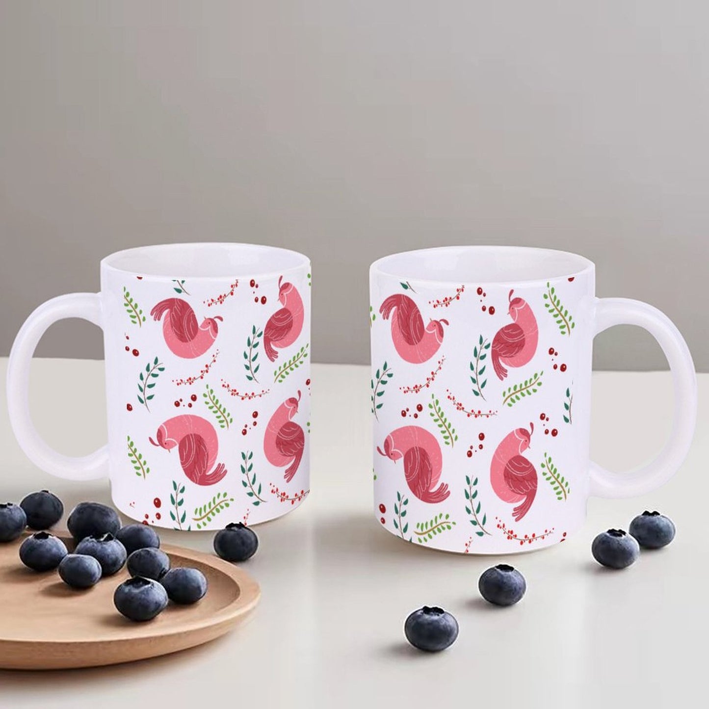 POD US Local White mug with full print, Christmas Bird Branches Pink 0068