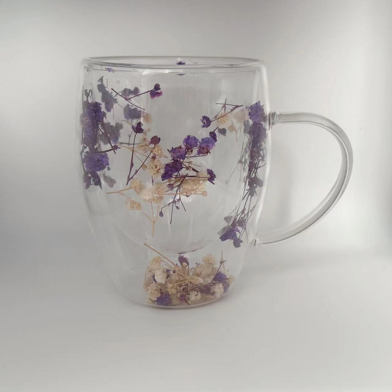 Real Flower Double Layer Glass Cup Good-looking Starry Sky