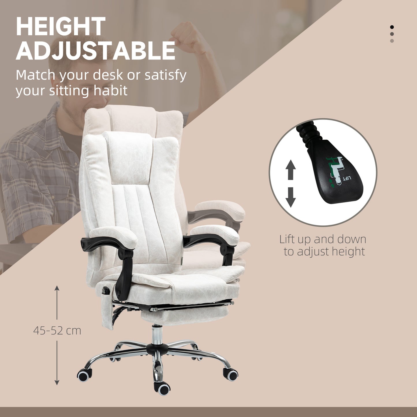 US Local Massage Office Chair With 6 Points And Heat, Reclining Computer Chair With Adjustable Height And Footrest, White