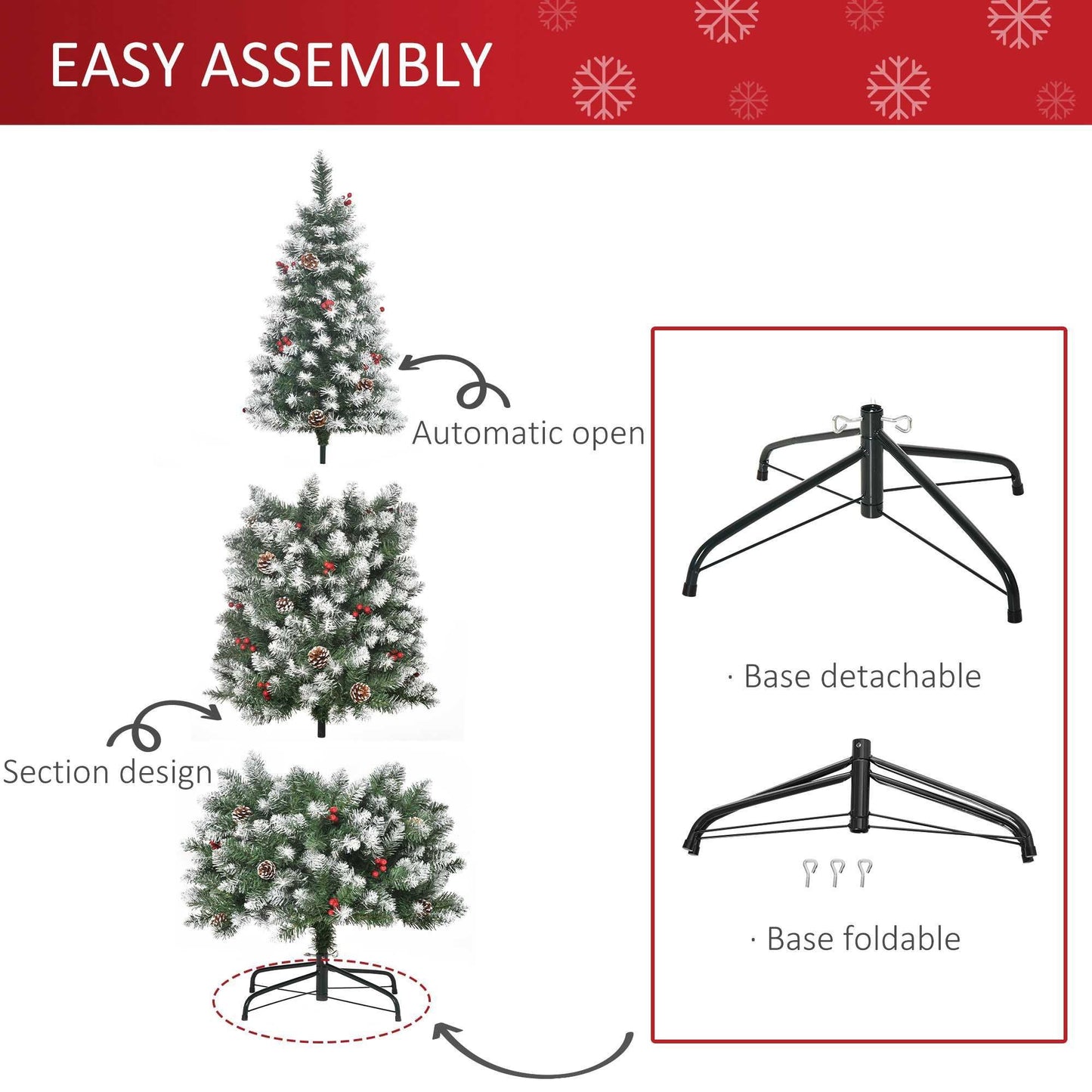 CA Local 6 ft Decorated Christmas Tree With Red Berries And Pine Cones, Flocked Christmas Tree With Pencil Shape, Green