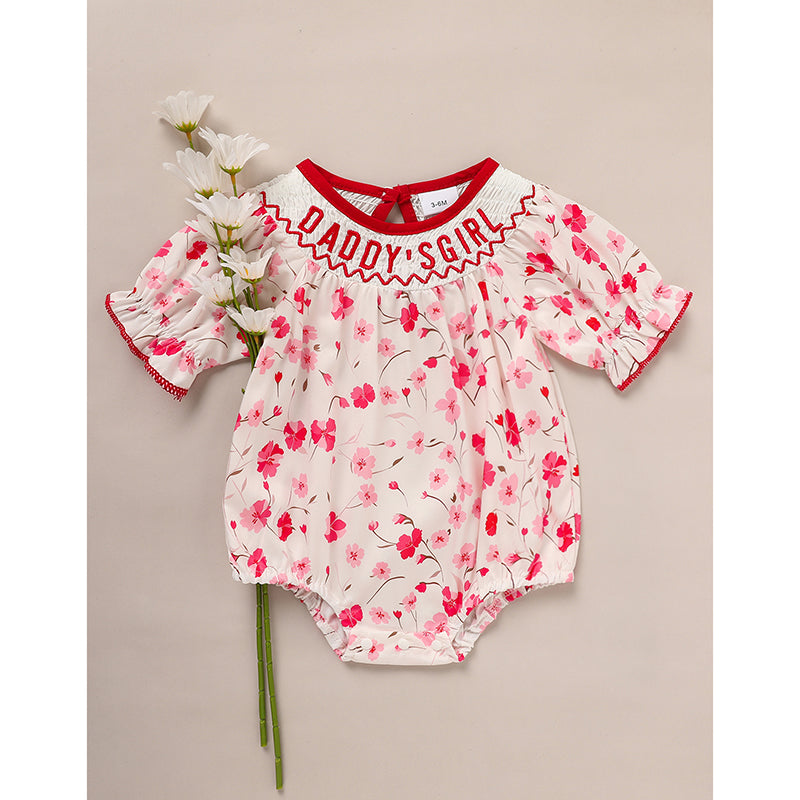 US Local Infant Girls' Floral Smocked Romper 'DADDY'S Girl' Embroidery Short Sleeve Crew Neck Adorable Princess Party Bodysuit