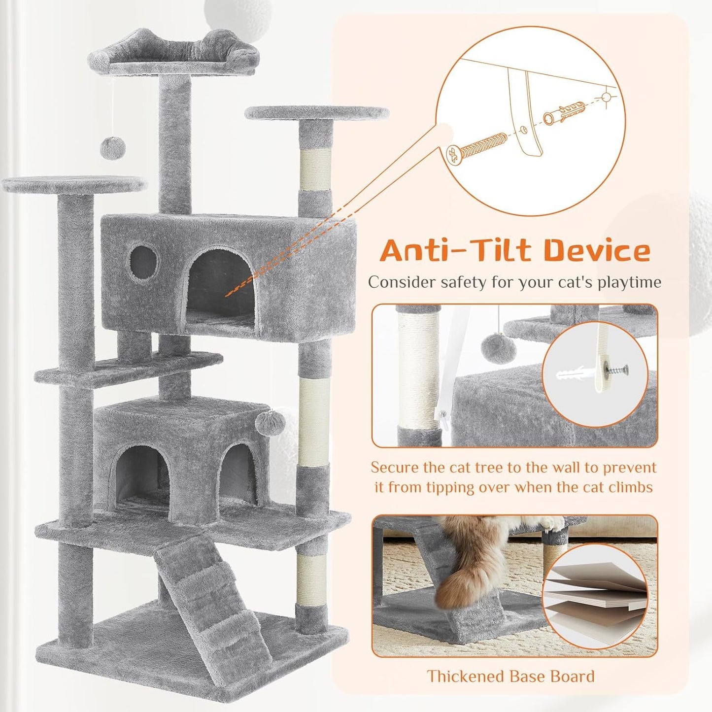 US Local 54 -Cat Tree Tower - Multi-level With Sisal Grab Post, Indoor Apartment With Ladder, Plush Toys, Rest And Play