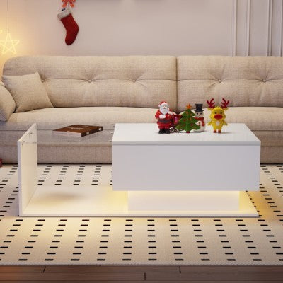 UK Local LED Coffee Table, Modern High Gloss Coffee Table, Center Table With Glass, Modern Coffee Table For Living Room With Drawer White