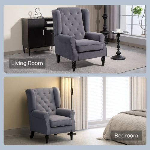 UK Local HOMCOM Wingback Accent Chair, Retro Upholstered Button Tufted Occasional Chair For Living Room And Bedroom, Charcoal Grey