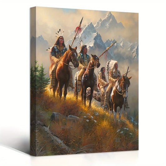 US Local A Canvas Painting With A Wooden Frame That Can Be Hung Directly, Featuring A Native American Warrior On Horseback. It Is Suitable As A Decoration For Bachelor Parties, Vintage Landscape Art, Framed Wa