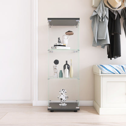 US Local Glass Display Case With 3 Shelves, Single Door Treasure Cabinet, Suitable For Living Room, Bedroom, Office, Black Floor Glass Bookshelf, Quick Installation