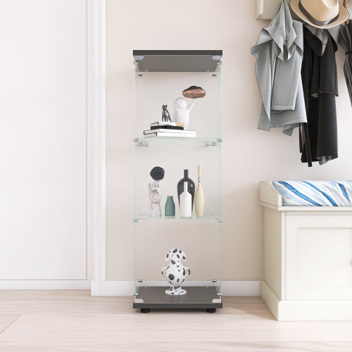 US Local Glass Display Case With 3 Shelves, Single Door Treasure Cabinet, Suitable For Living Room, Bedroom, Office, Black Floor Glass Bookshelf, Quick Installation