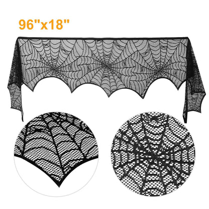 US Local Halloween Decoration Black Lace Spiderweb Fireplace Mantle Scarf Cover Festive Party Supplies Fireplace Scarf 96 X 18 Inch For Halloween Christmas Party Door Window Decoration