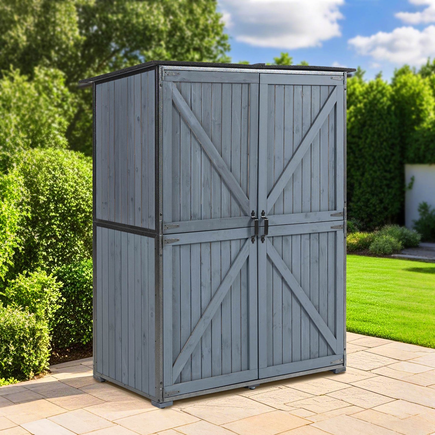 US Local The Storage Shed Is Made Of A Sturdy Metal Frame And Durable Fir Wood, Which Is Sturdy And Durable. The Entire Frame Is Weather-resistant, Making It An Ideal Choice For Your Outdoor Living Space. The