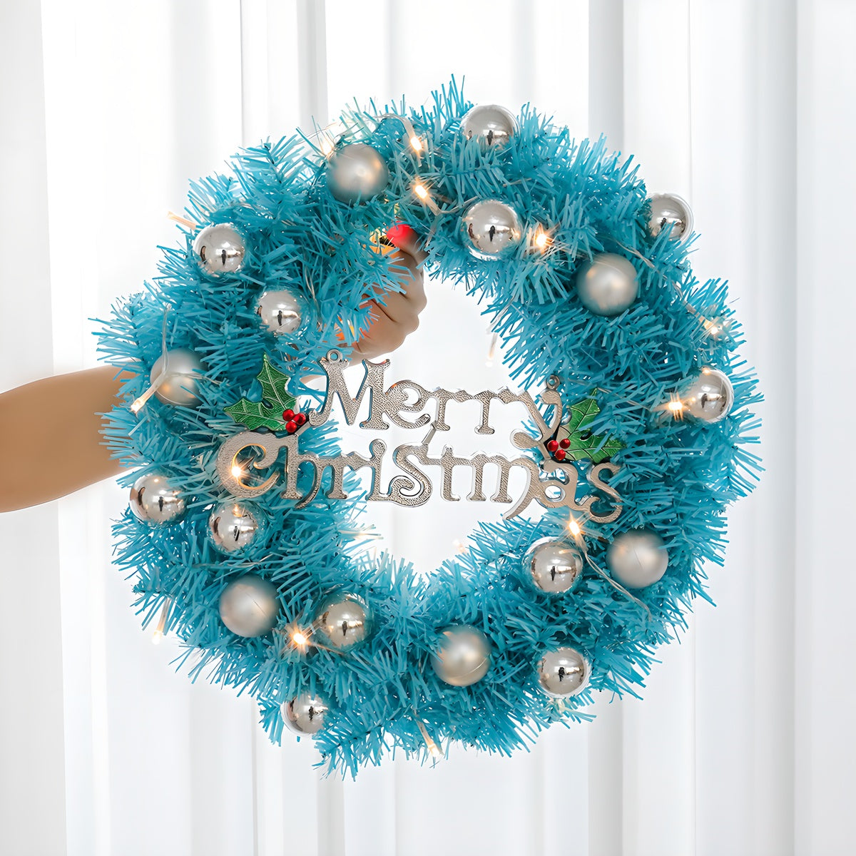 US Local 1 Piece Of 24-inch Blue-themed Garland, With Silver Balls And Christmas Letter Accessories, Optionally With Lights