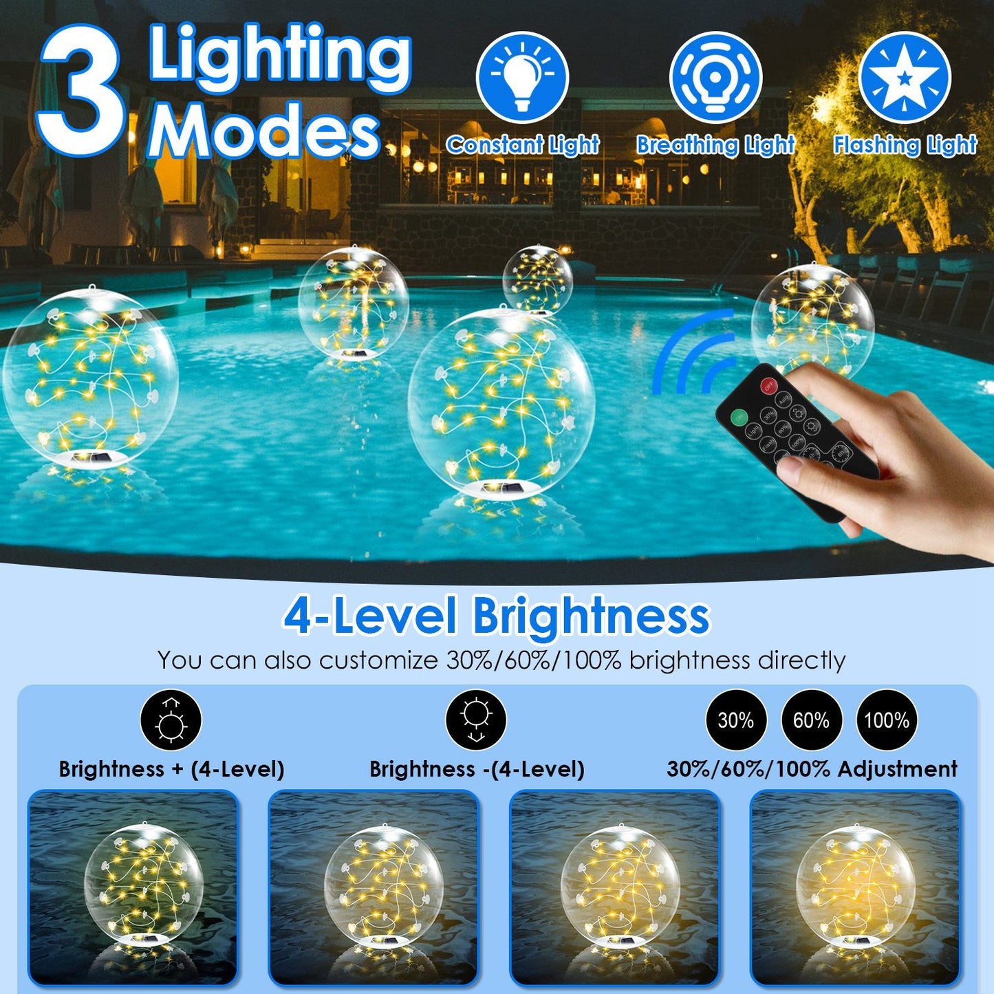 2Pcs Floating Pool Lights 14in Solar Powered Pool Balls IP68 Waterproof Inflatable Pool Decoration Lights With Remote Control 3 Light Modes Timer Adjustable Brightness