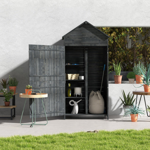 UK Local Outsunny Garden Shed 4-Tier Wooden Garden Outdoor Shed 3 Shelves Utility Gardener Cabinet Lockable 2 Doors - Grey