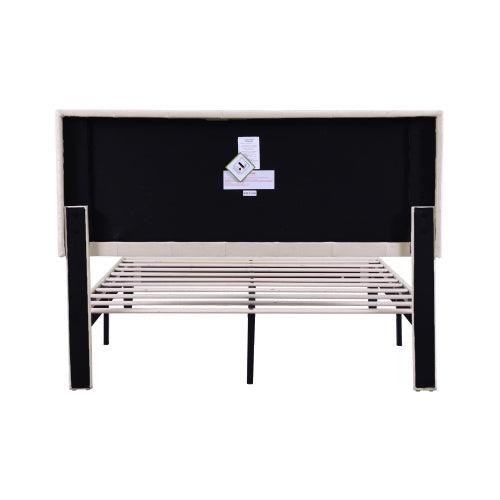 UK Local 4ft6 Double Upholstered Velvet Bed Frame, With Adjustable Button-Tufted  Riveted Headboard, Velvet Platform Bed Frame With Solid Wood Slat And Mute Foam, No Box Spring Needed, Easy Assembly, Beige