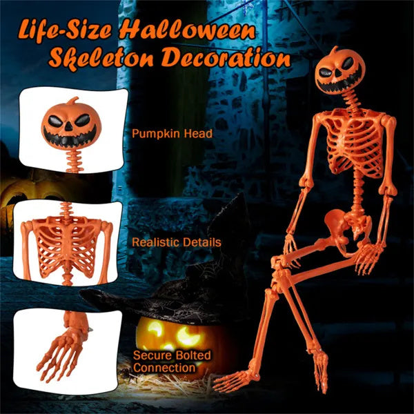 5.5ft Life-Size Halloween Skeleton With Pumpkin Head - Orange Color, Fully Poseable Joints Jaw Shoulders Knees , PP PE Material