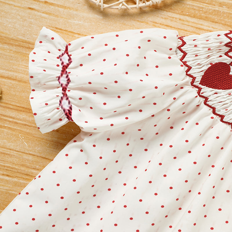 US Local Toddler Girl's Ruffle Sleeve Dress, Heart Embroidery & Polka Dot A-Line Dress With Back Button